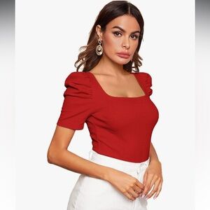 Women's Puff Sleeve Square Neck Short Sleeve T Shirt Slim Fit Top in Red